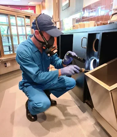 Technician inspecting a restaurant cabinet harbourage with a torch