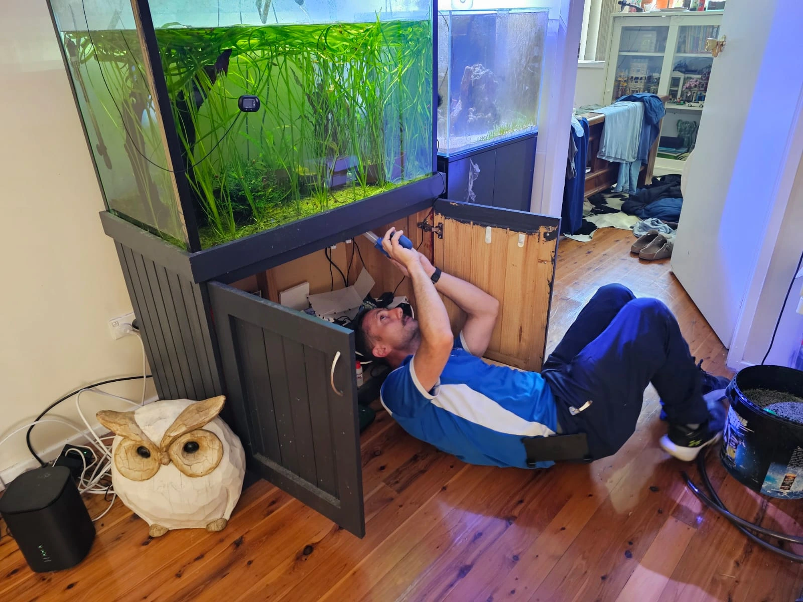 Technician treating a dark cabinet harbourage for cockroaches
