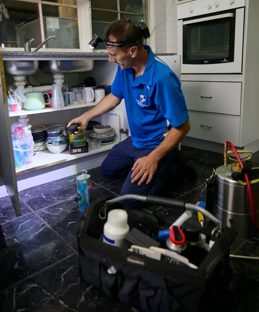 Sydney Pesties technician treating under a kitchen sink for cockroaches