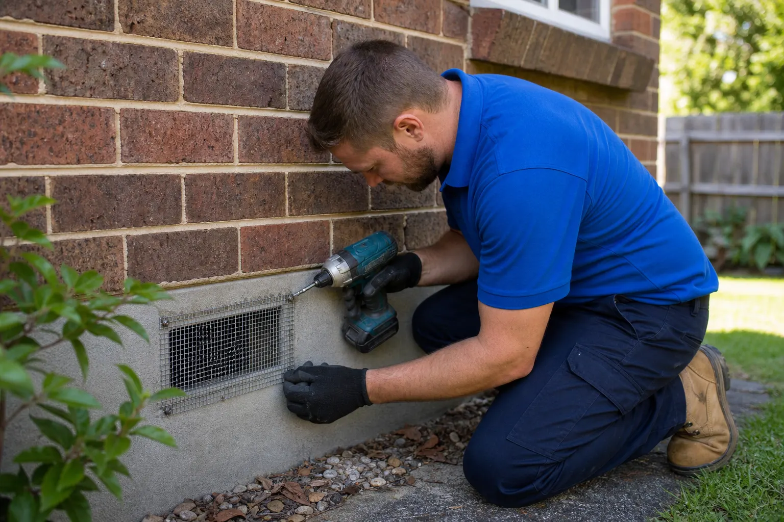 Pest proofing technician installing mesh on a Sydney home vent